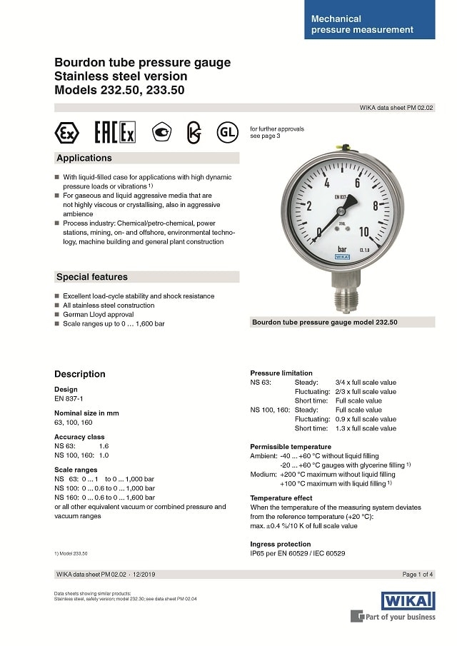 Đồng hồ đo áp suất WIKA model 232.50