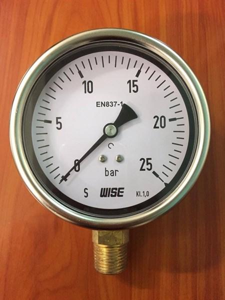 Đồng hồ áp suất wise P253 25 bar, mặt 100mm, chân đồng, không dầu
