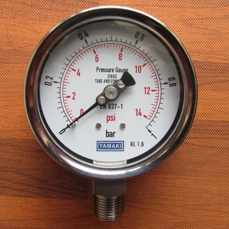 Đồng hồ đo áp suất Yamaki mặt 100mm, 0-1 bar, hàng inox toàn bộ