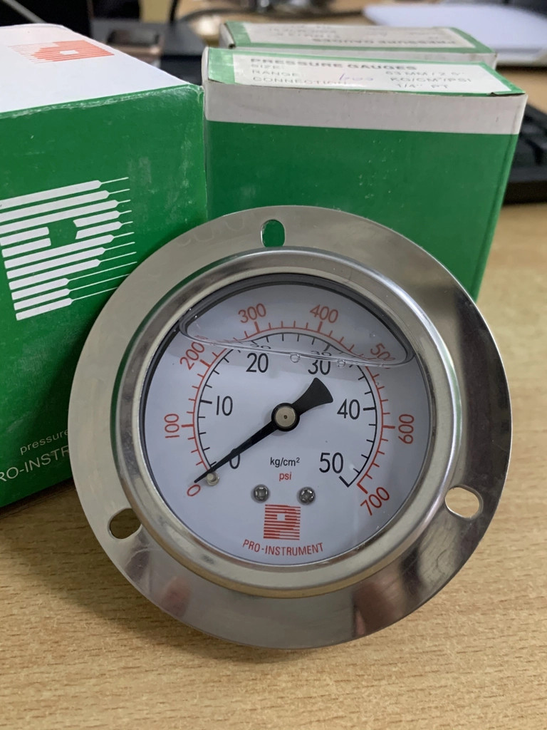 Đồng hồ đo áp suất 0-50kg/cm2 700pis, chân sau có vành phi 100mm, 63mm