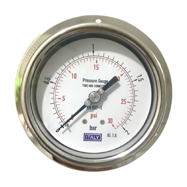 Đồng hồ áp suất hiệu Italy 0-2 bar, đường kính mặt 10mm, chân sau có vành ren 1/2''NPT