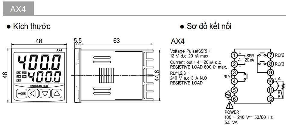 Kích thước và sơ đồ đấu dây dòng AX4