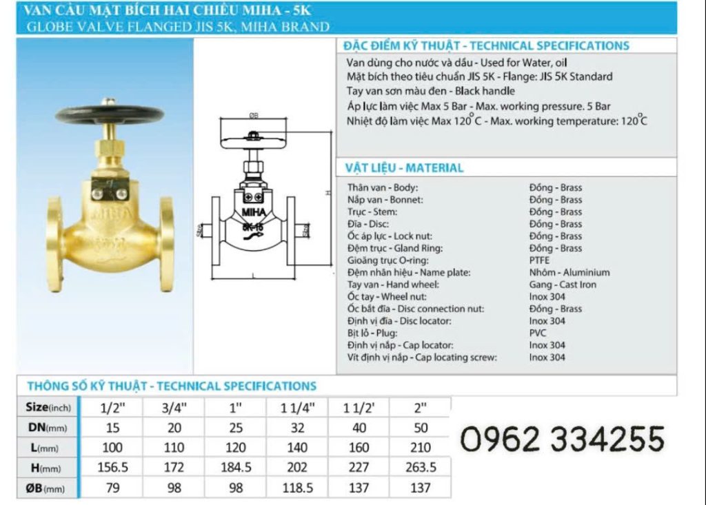 Thông số của Van cầu đồng mặt bích 2 chiều MIHA 5K